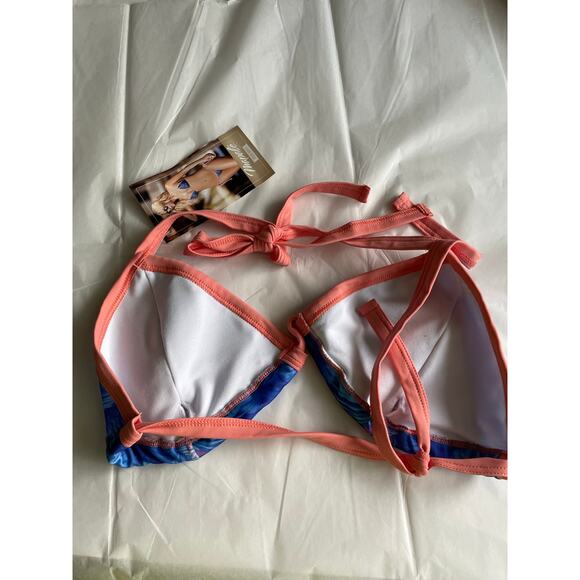 Mapale Blue Hibiscus Print triangle string bikini top removeable pads Size Med - Picture 2 of 4